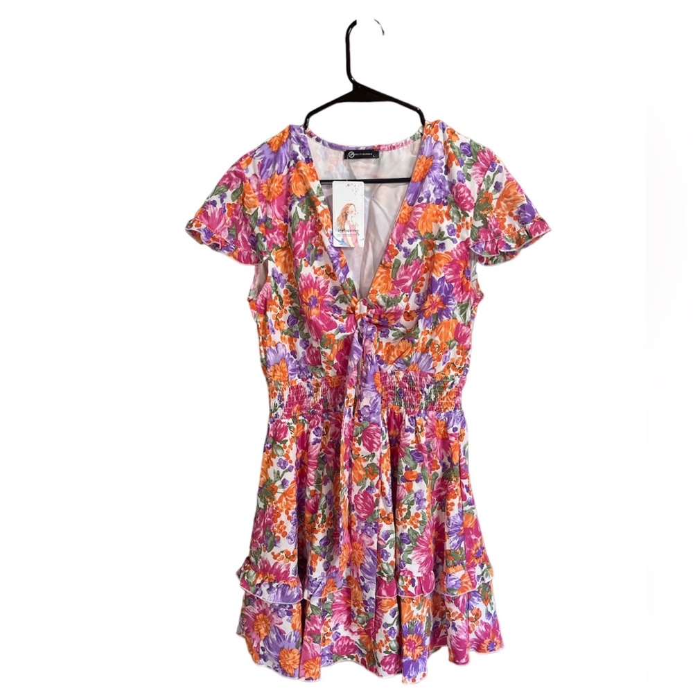 PRETTYGARDEN Women’s Large Pink Floral Boho SS Embellished V Neck Dress NEW‎